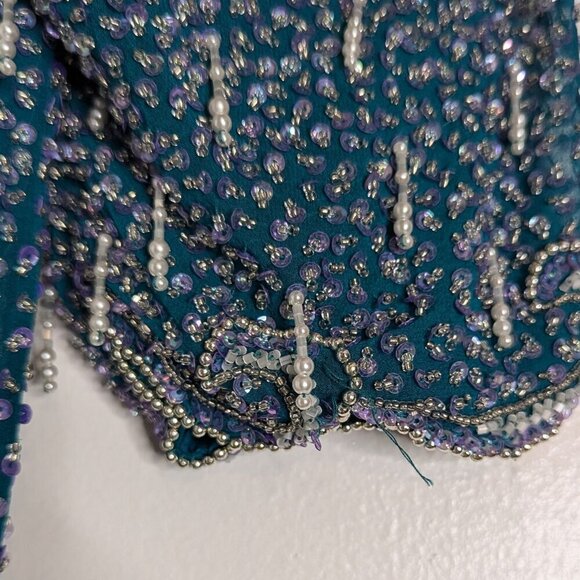 VTG Landa Teal Green Blue Silk Beaded Keyhole Back Maxi Dress Formal Glam - Picture 10 of 10